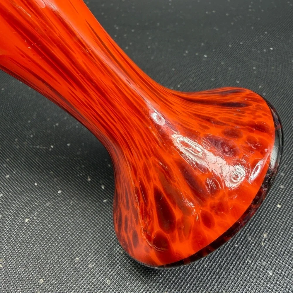 Vintage Czech Art Glass Ruffled Vase Orange Bohemian Mid Century Modern 8in